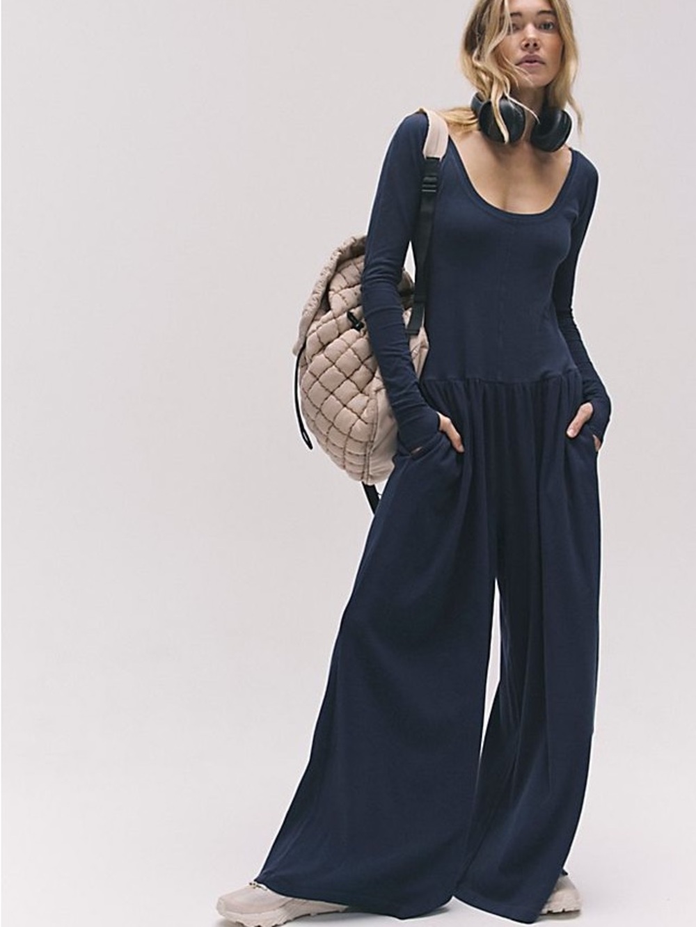 FP Movement by Free People Navy Wide-Leg Scoop-Neck Jumpsuit